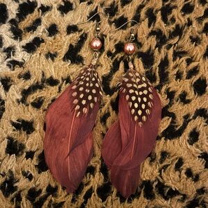 brown polka dot feather earrings